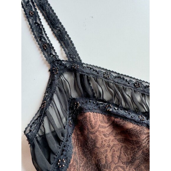 Vintage LAUNDRY BY SHELLI SEGAL Brown Lace Print Silk Beaded Slip Dress, Size 10 - Picture 6 of 12